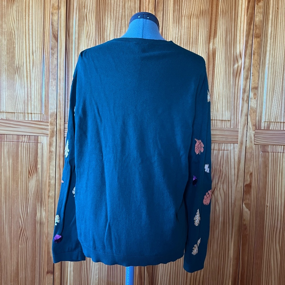 Talbots Green Sweater With Leaf Glitter Accents “Fall Perfect” Size XL - Picture 3 of 8